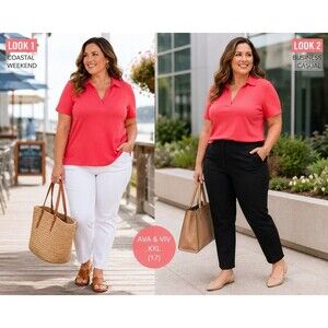 Ava & Viv XXL Coral Ribbed Polo Top Short Sleeve Stretch Knit Preppy Coastal NWT